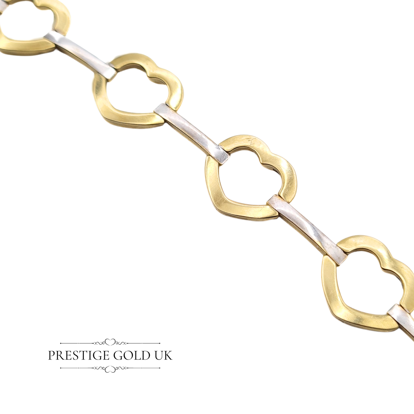 7 1/4" Long Vintage 9ct Gold Heart Bracelet, Reversible White & Yellow Gold Design