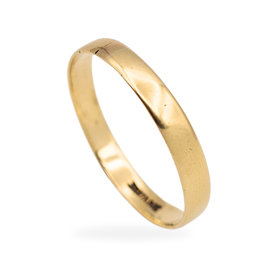 9ct gold narrow wedding band ring stamped and tested, UK size Z+1 US 12 3/4, slim 3.5mm width, classic yellow gold profile, resized with visible join, simple traditional gold band offered as a clearance piece.
