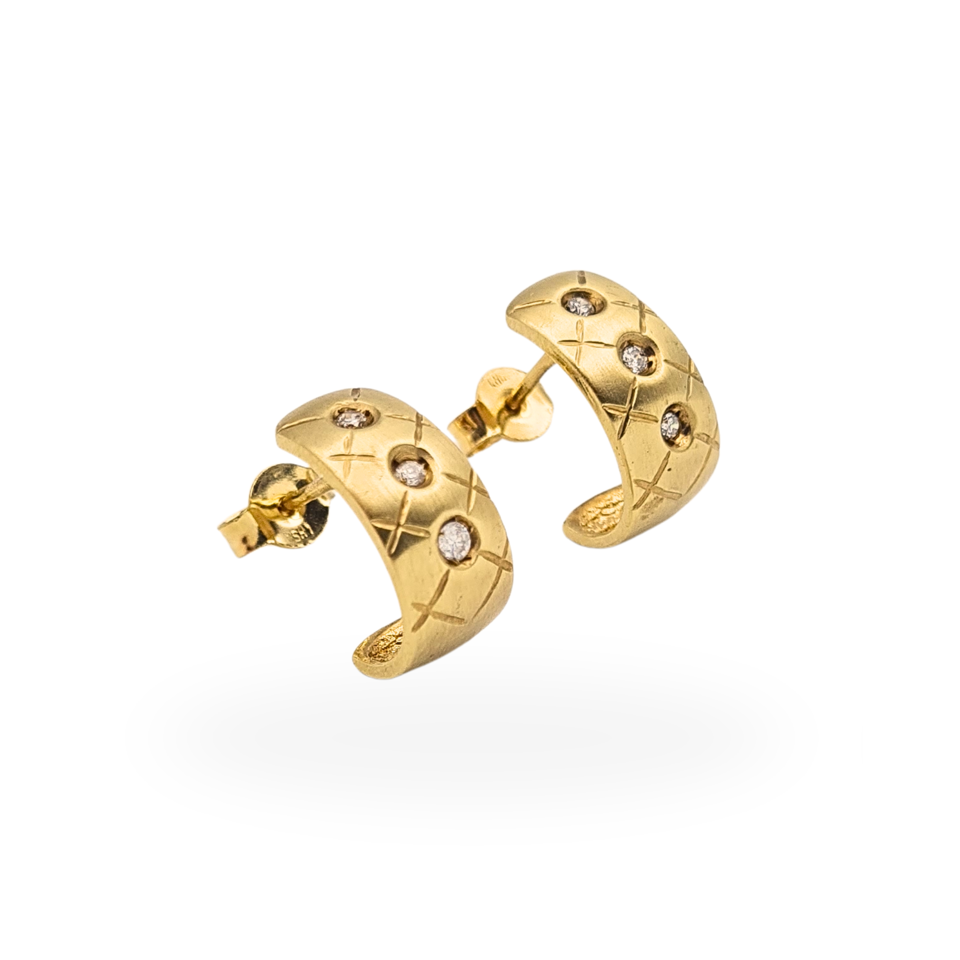 14ct gold satin finish half hoop earrings with six bezel set diamonds and cross hatch engraved pattern.