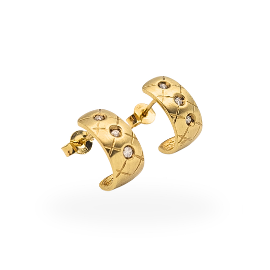 14ct gold satin finish half hoop earrings with six bezel set diamonds and cross hatch engraved pattern.