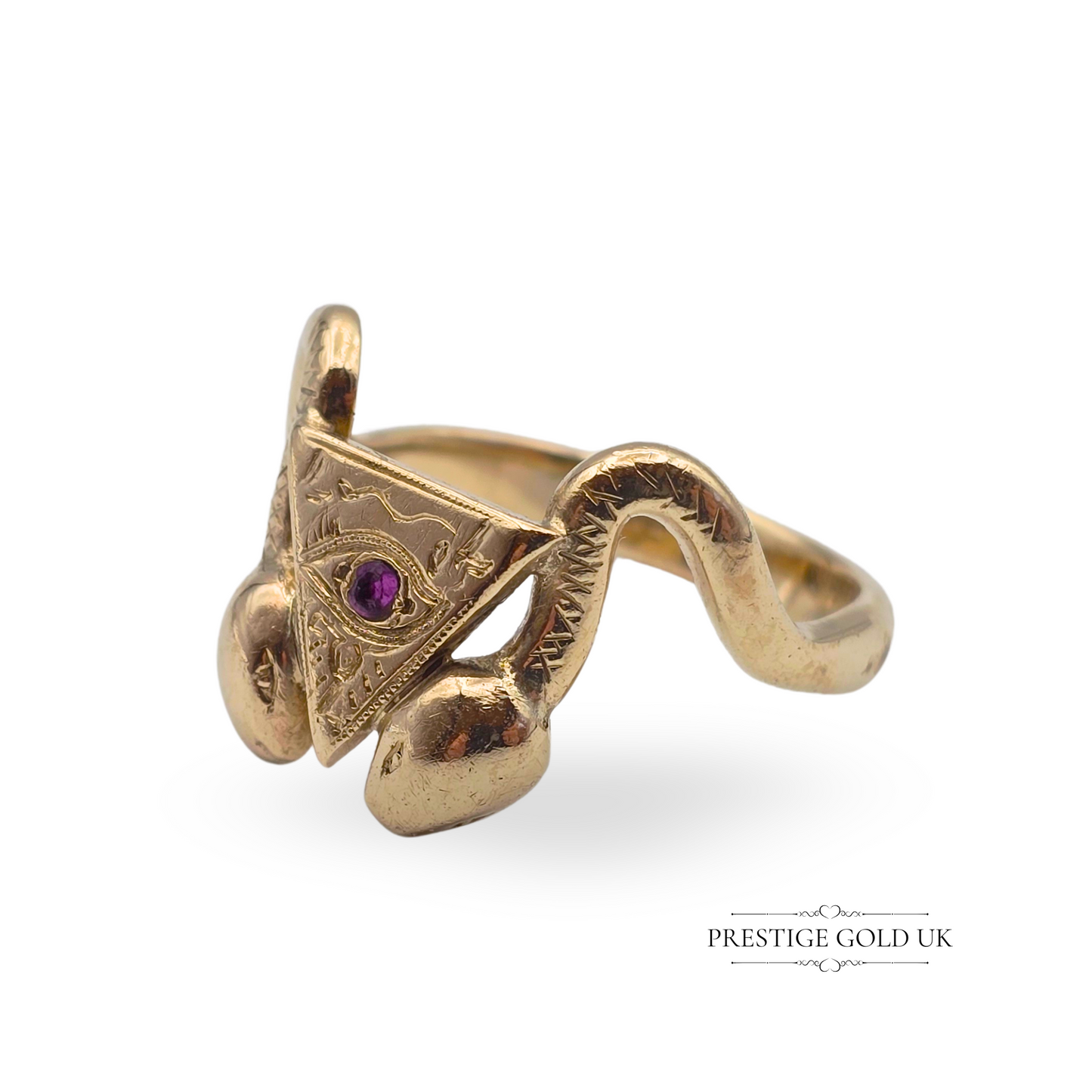 9ct Gold Snake Ring with All Seeing Eye, Dual Serpents Engraved Ring