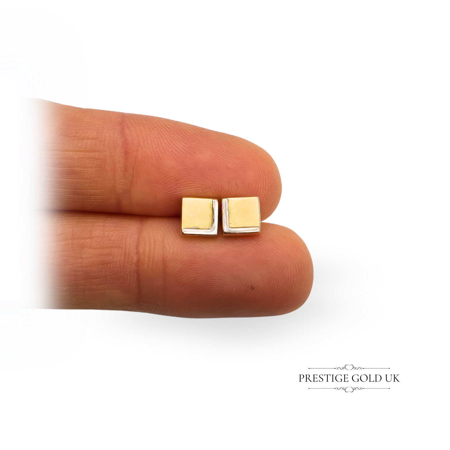 9ct Two-Tone Gold Square Stud Earrings, Yellow & White Gold, Geometric Design