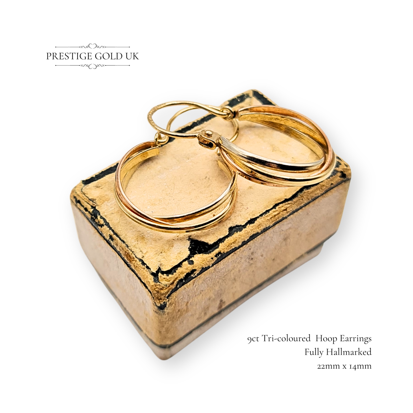 9ct Gold Tri Colour Hoop Earrings, 3 Strand Wire Earrings