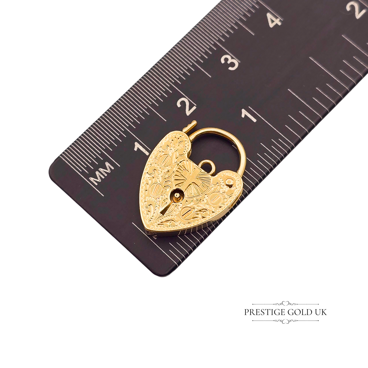 9ct Gold Heart Padlock Charm, Engraved Crucifix Cross Design Christian Symbolism