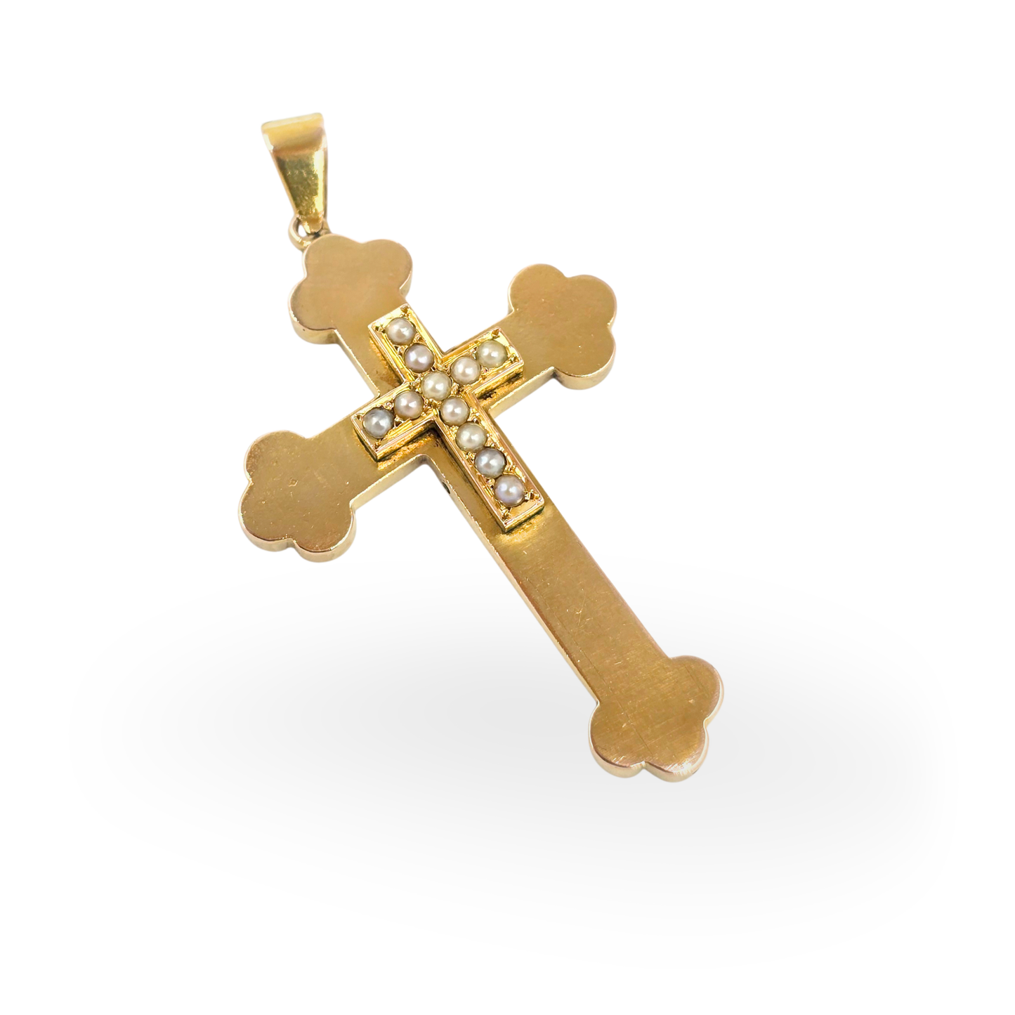 Large 9ct Gold Pearl Set Cross Pendant,  Byzantine Orthodox With Budded Ends