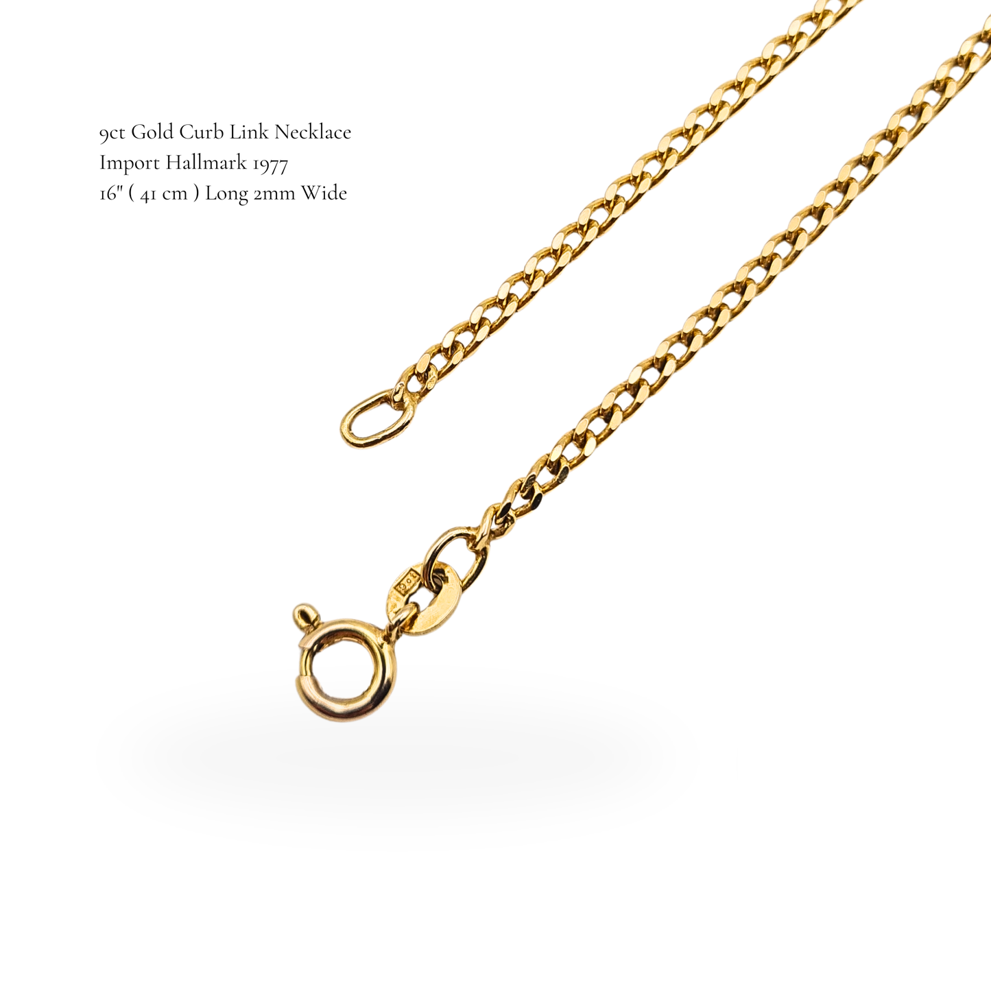 16" 9ct Gold Solid Curb Chain Necklace 2mm Hallmarked 1977