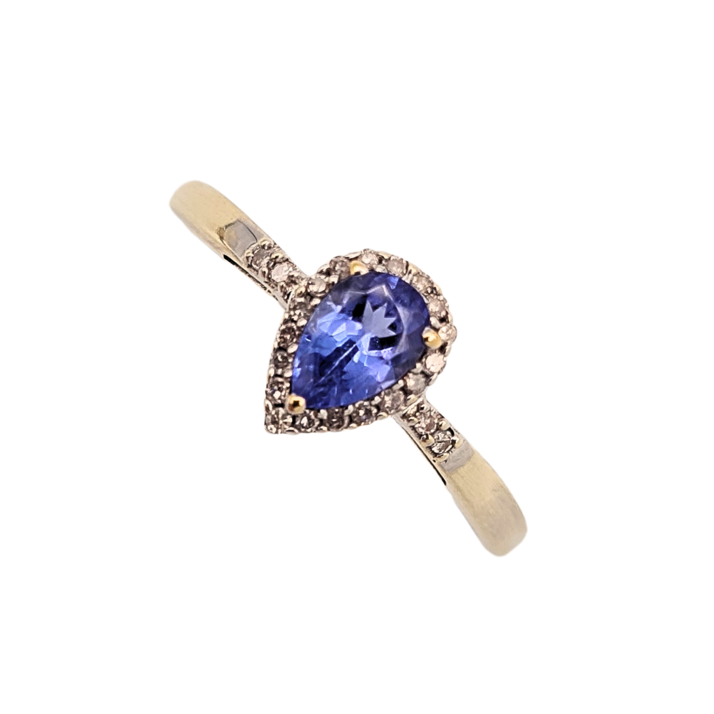 9ct White Gold Tanzanite Diamond Ring Pear Halo UK P US 7 3/4