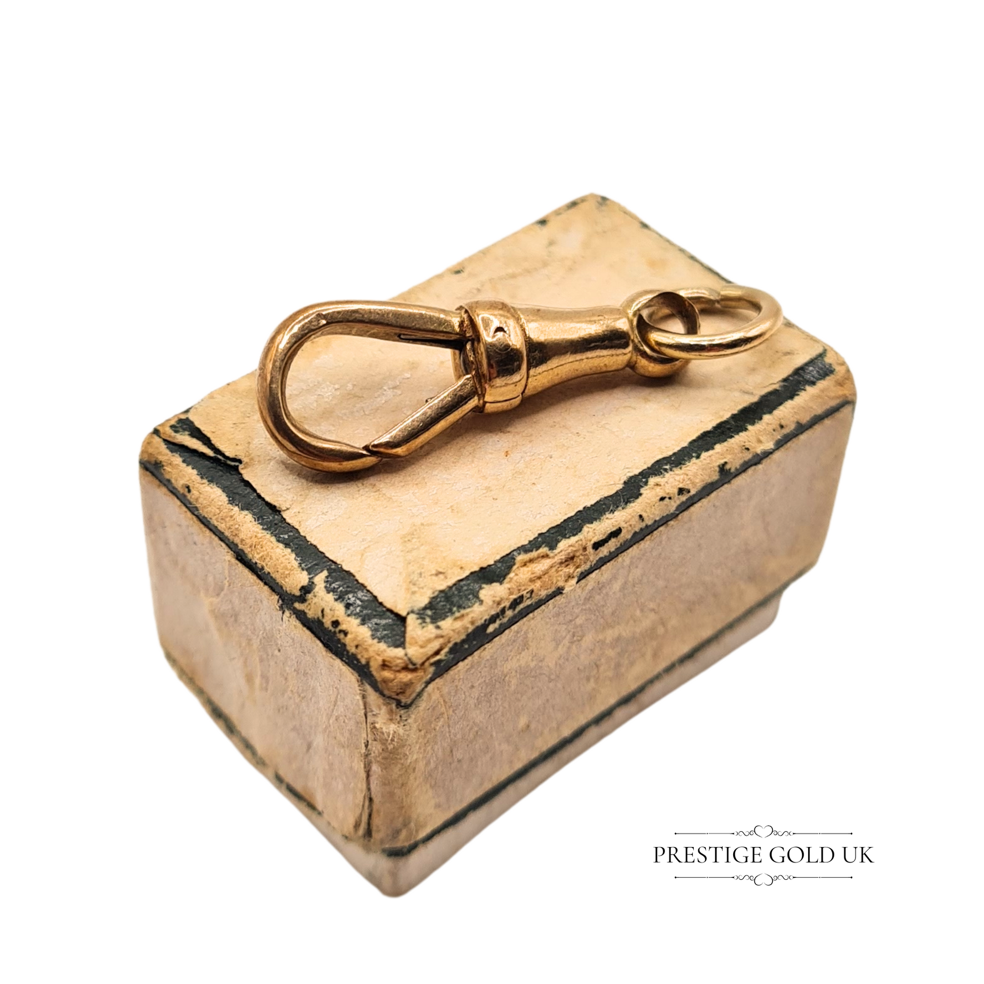 Antique 9ct rose gold dog clip clasp stamped 375, measuring 25mm x 8mm, featuring a classic Victorian flared shape and warm rose tone, ideal for Albert chains or charm bracelets, weighing 2.00g.
