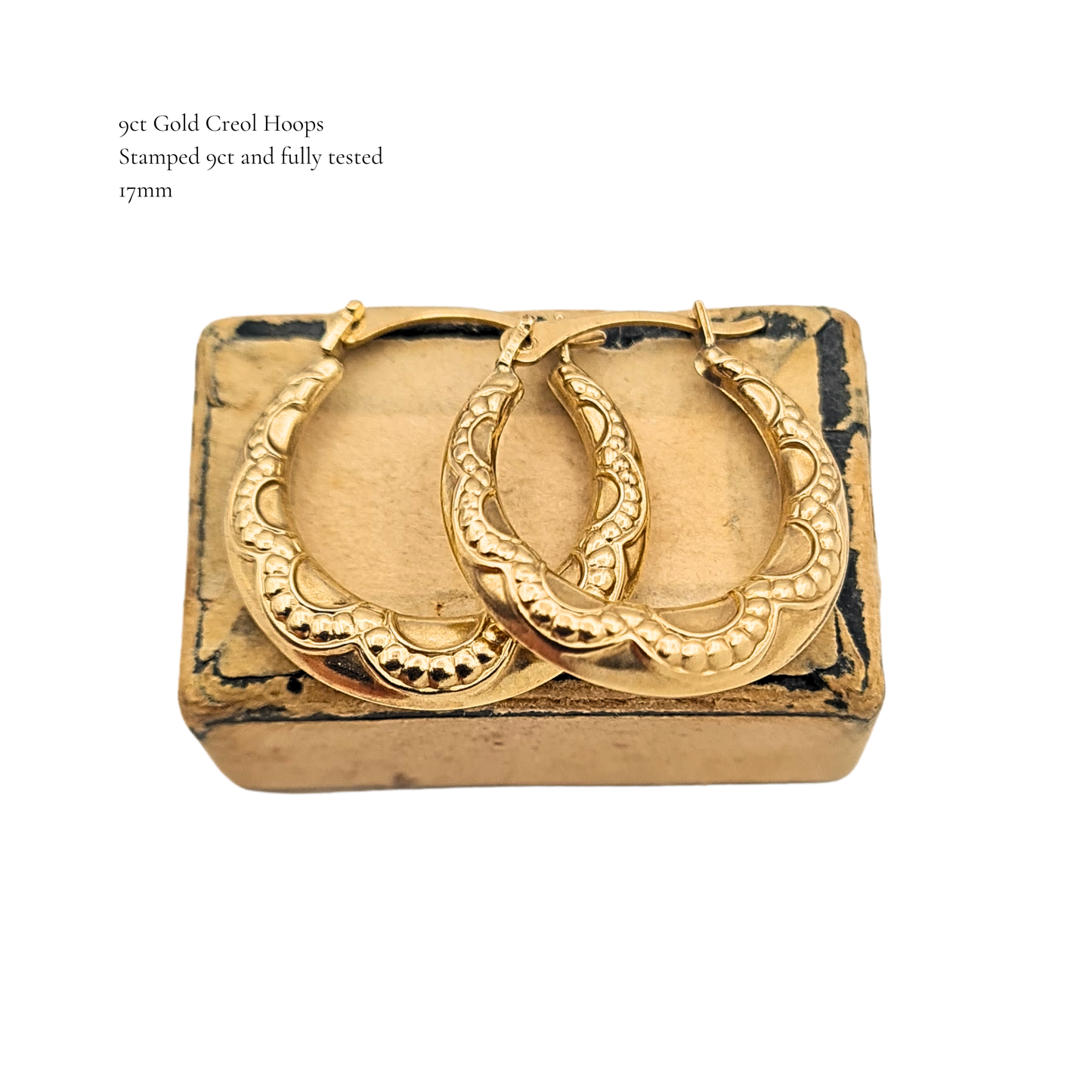 9ct Gold Small Textured Patterned Creole Hoop Earrings, Hinged closure