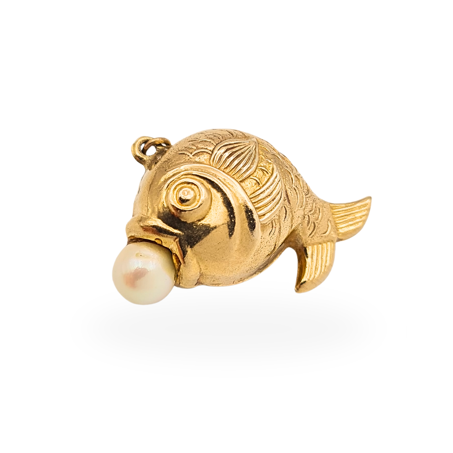 Vintage 9ct Gold Fish with Pearl Charm Puffy Cartoon Pendant Hallmarked 1972