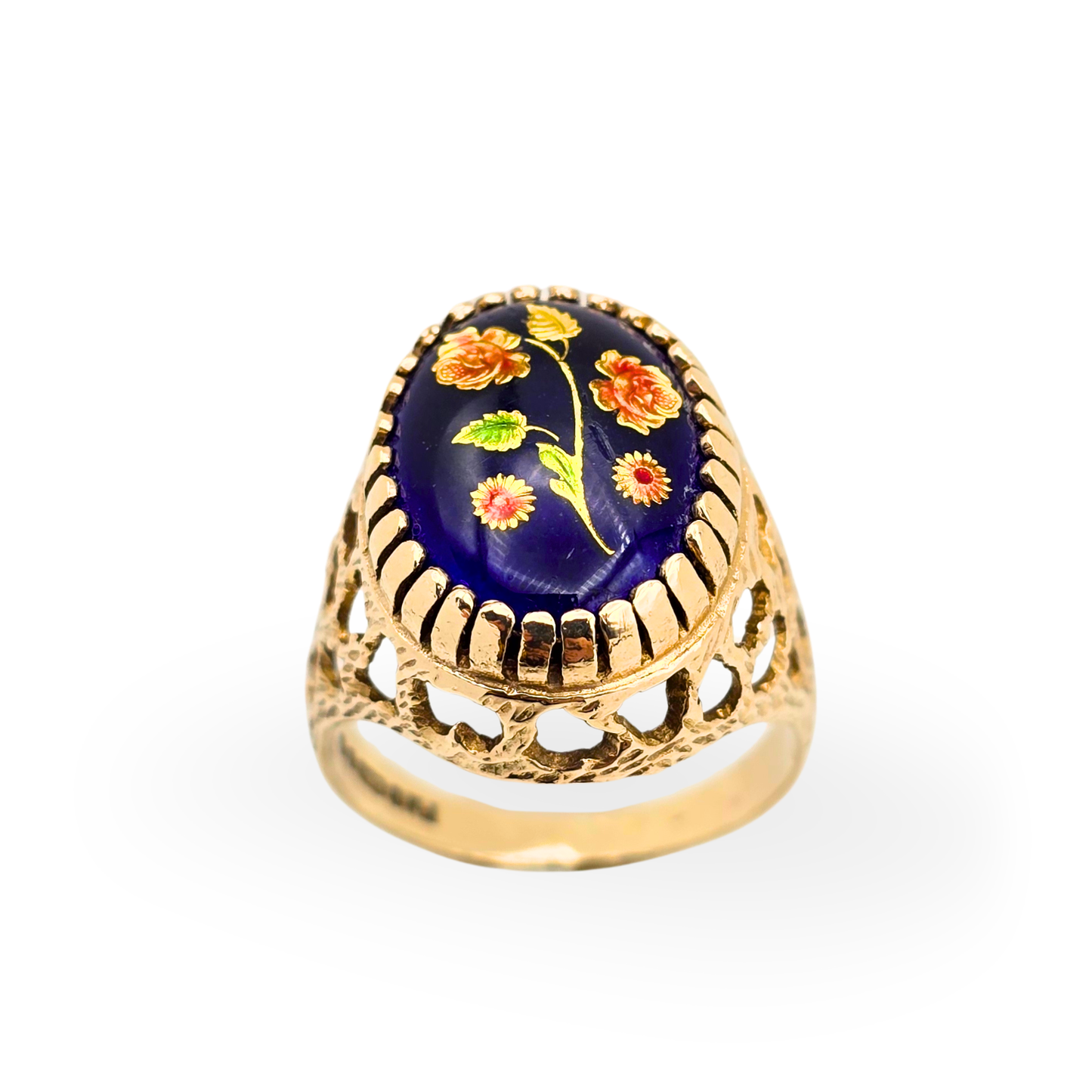 9ct Gold Cobalt Blue Floral Motif Enamel Ring, Size  UK N 1/2 US 6 3/4