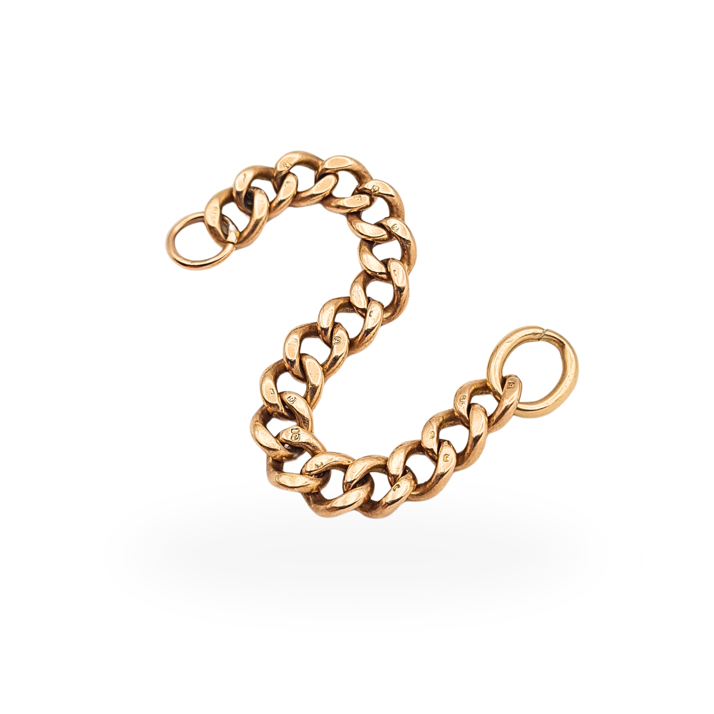 Antique 9ct rose gold solid curb link chain extender with stamped links and open jump rings, 9cm long.