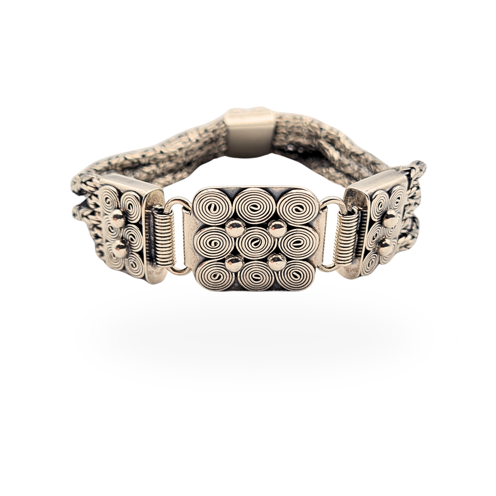 Heavy 925 silver Bali bracelet with five strand fox tail chain construction, measuring 8.25 inches long and 21mm wide, featuring decorative swirl panel clasp with hook and loop fastening, stamped and tested silver with detailed handcrafted finish