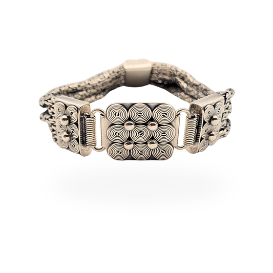 Heavy 925 silver Bali bracelet with five strand fox tail chain construction, measuring 8.25 inches long and 21mm wide, featuring decorative swirl panel clasp with hook and loop fastening, stamped and tested silver with detailed handcrafted finish