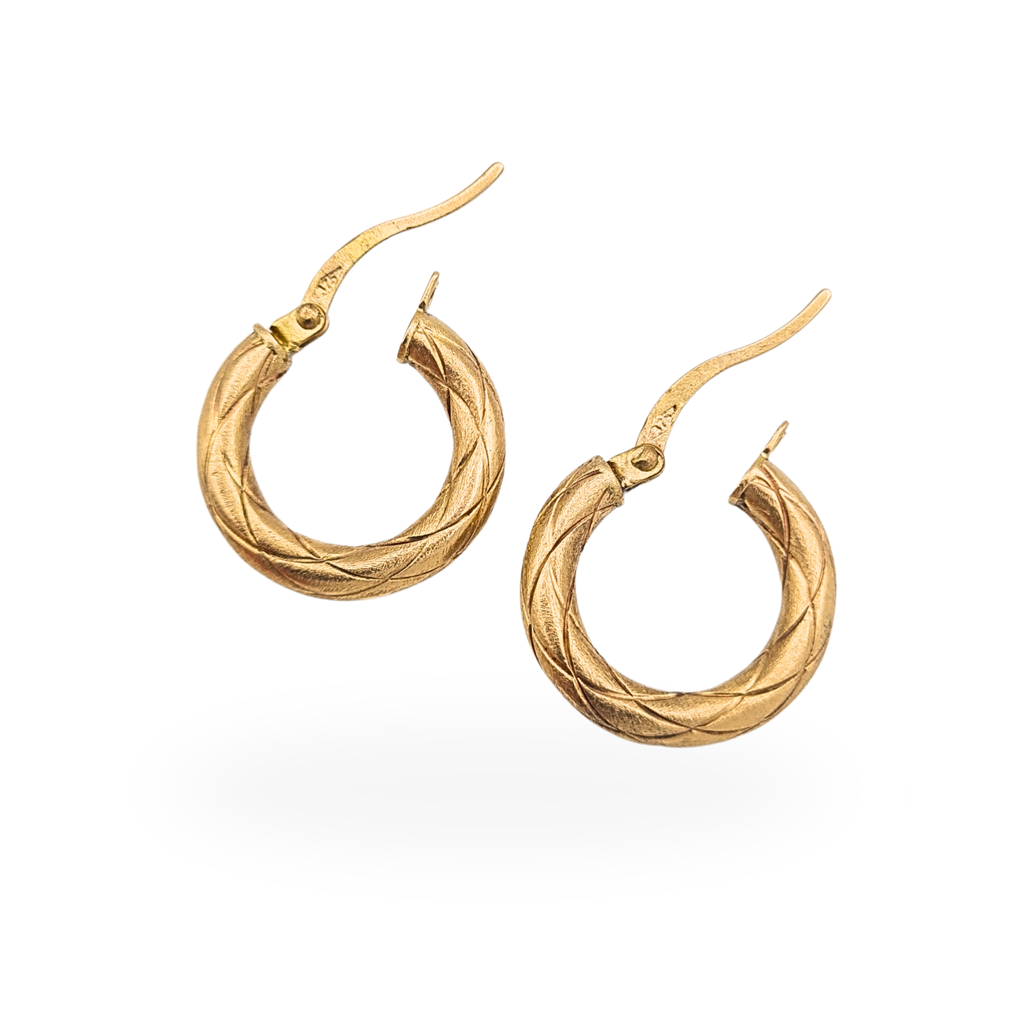 Quality 9ct Gold Small Textured Hoop Earrings Cross Hatch Flip Top Hoops