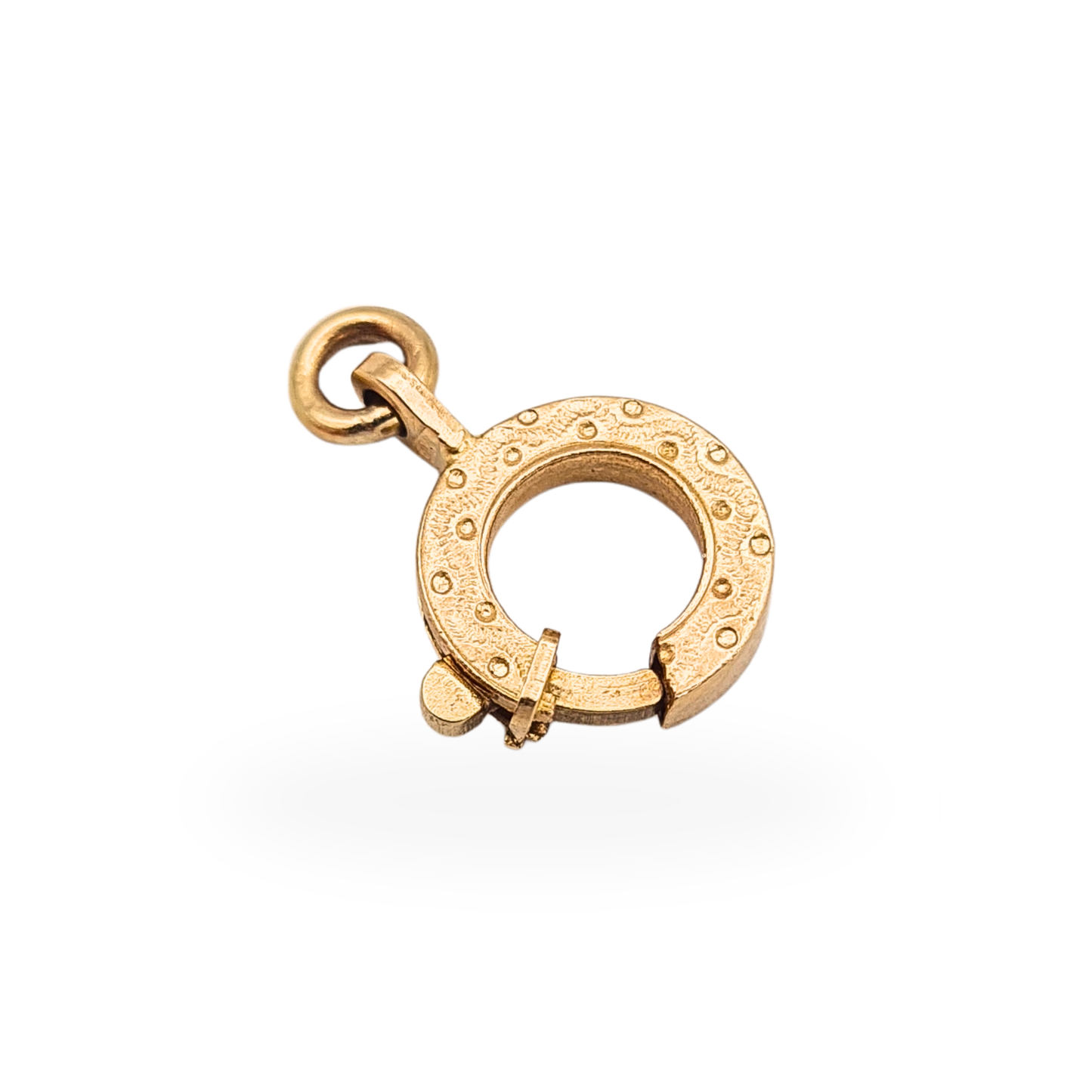 Vintage engraved 9ct yellow gold square-section bolt ring clasp with secure spring-loaded mechanism, fully tested, 10mm diameter with 3mm opening.
