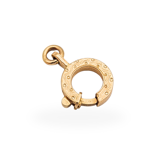 Vintage engraved 9ct yellow gold square-section bolt ring clasp with secure spring-loaded mechanism, fully tested, 10mm diameter with 3mm opening.
