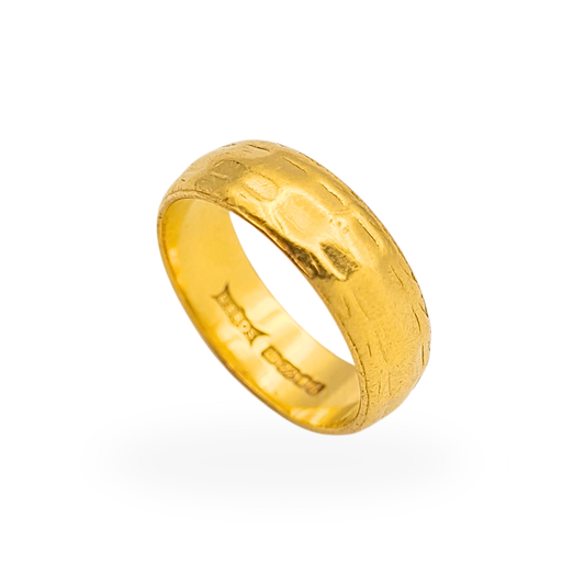 22ct yellow gold wide wedding band ring with subtle twin-row textured surface, rounded 5.7mm band, B Bros maker's mark and London 1966 hallmark.