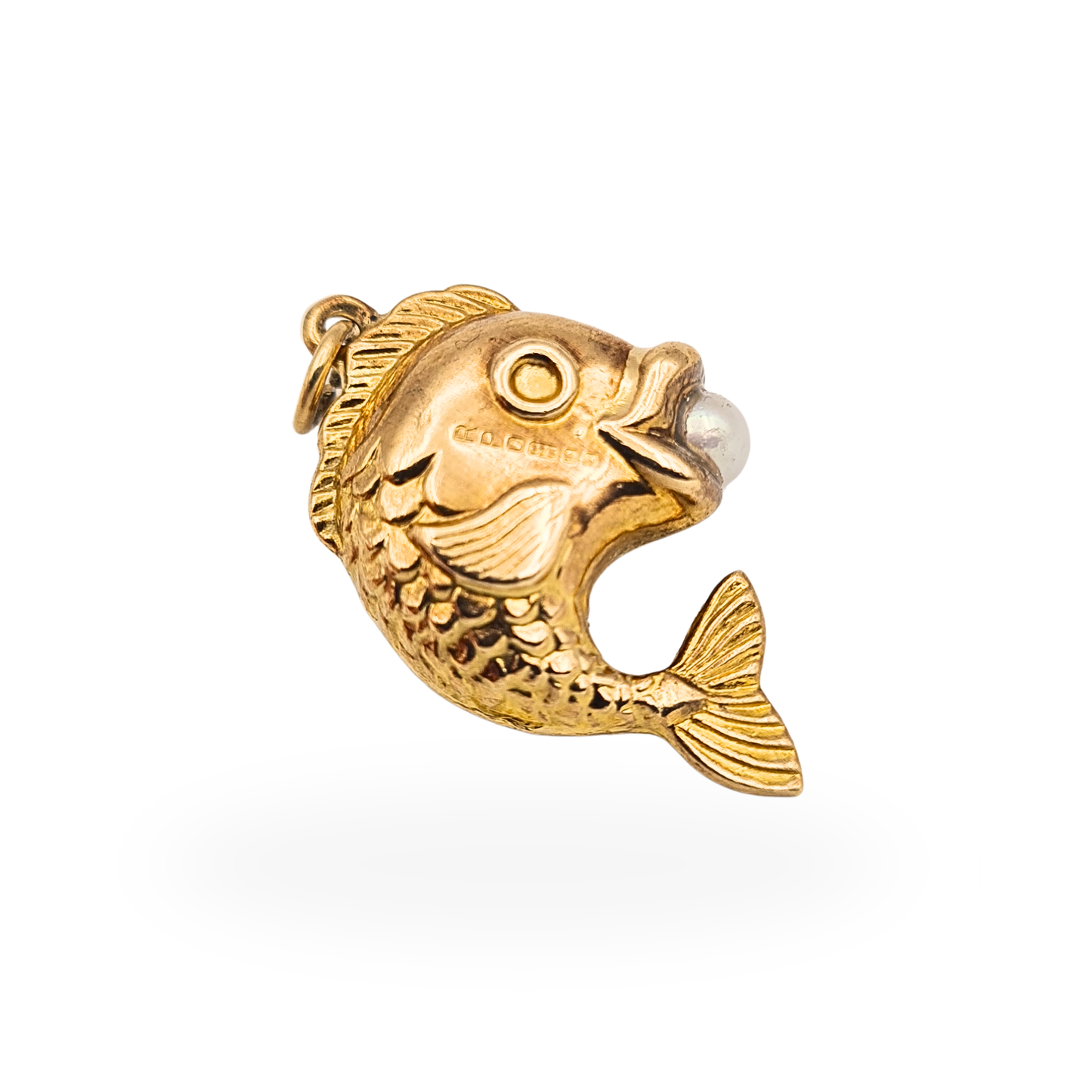 9ct Gold Lucky Fish Charm Pendant Pearl Puffy Fish