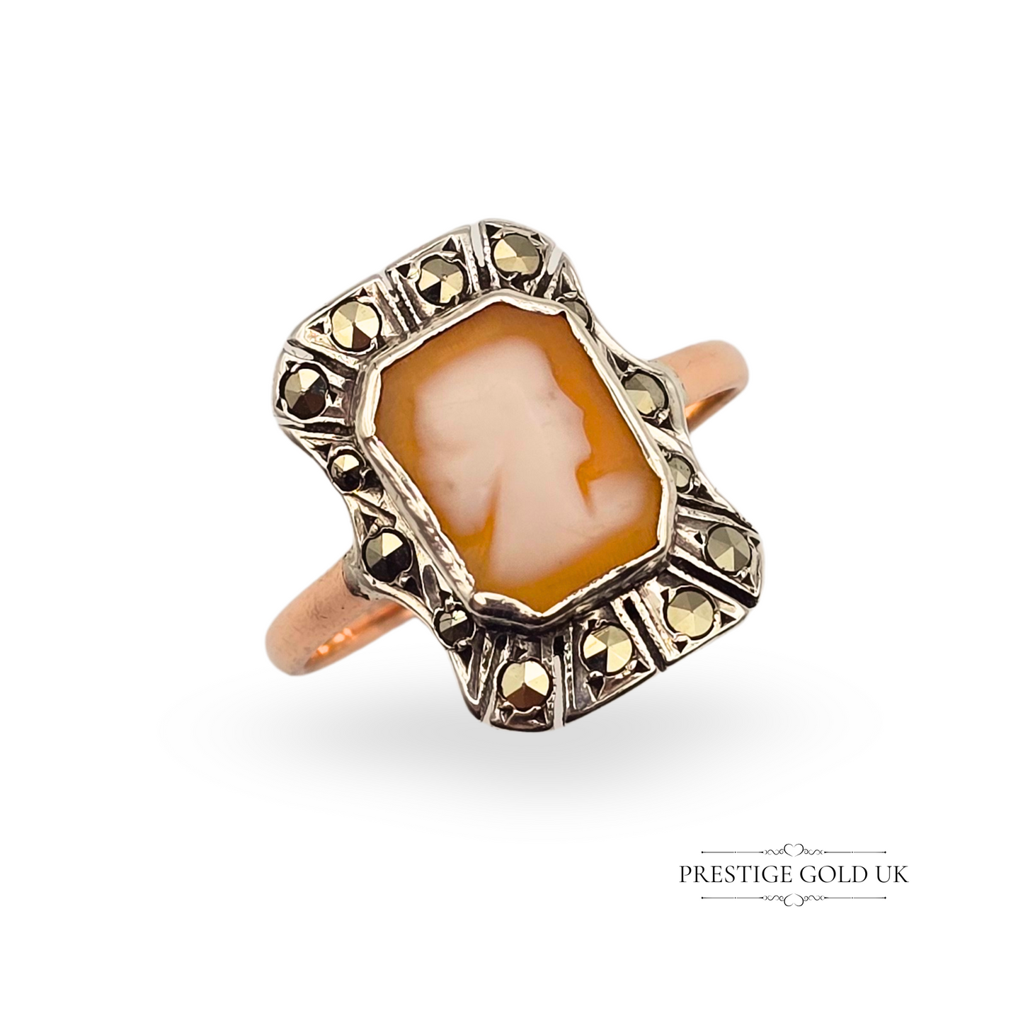 Antique 9ct Rose Gold & Silver Cameo Ring,  Marcasite Stones, UK R 1/2 US 8 3/4