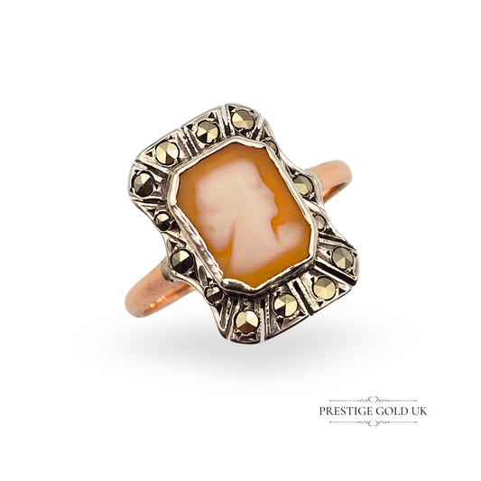 Antique 9ct Rose Gold & Silver Cameo Ring,  Marcasite Stones, UK R 1/2 US 8 3/4