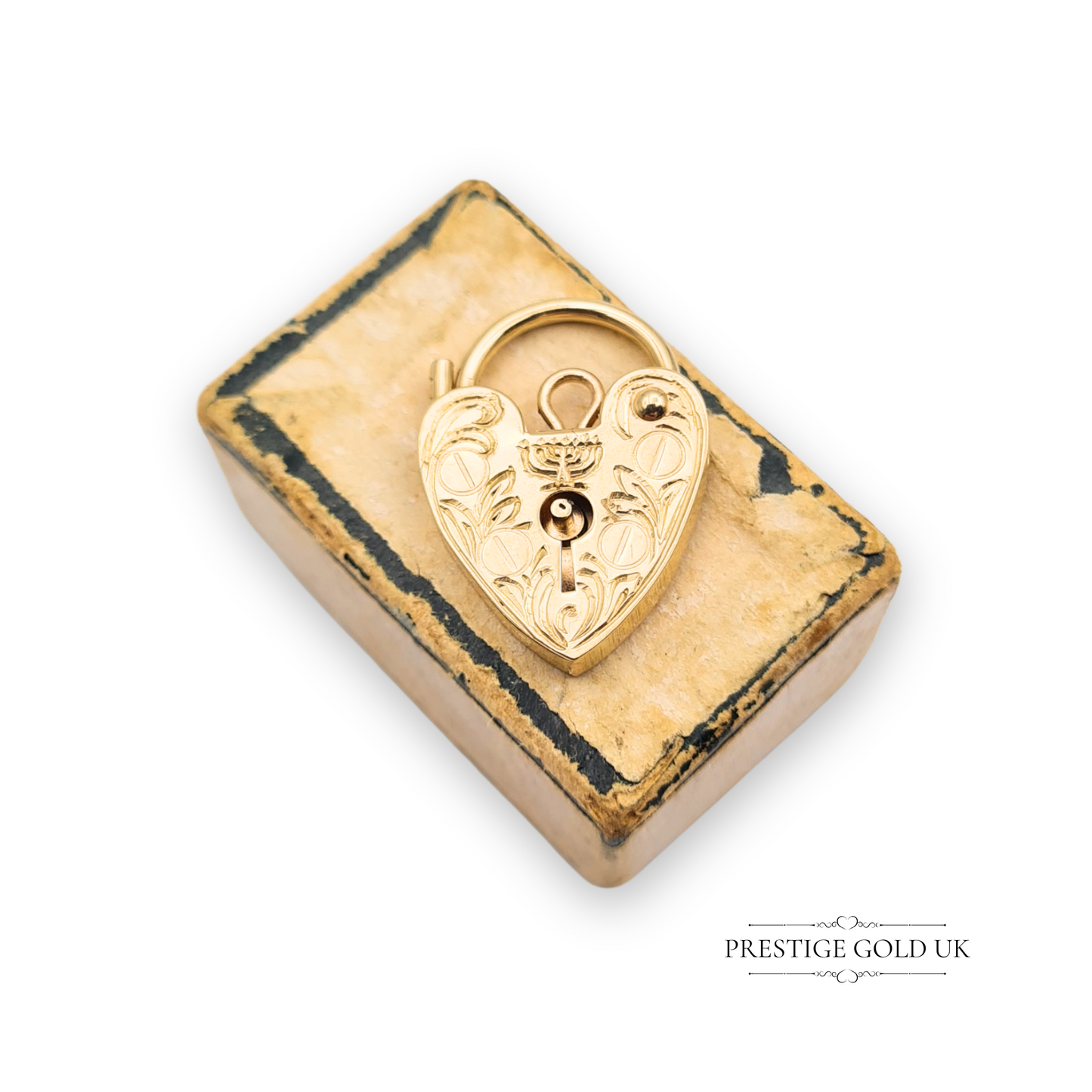 Small 9ct Gold Jewish Menorah Heart Padlock Ornate Engraving, London 1978