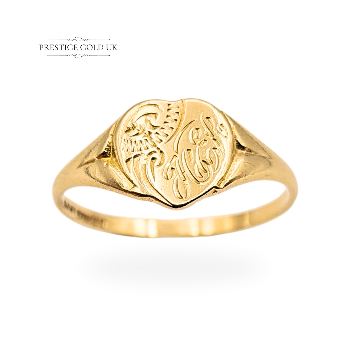 9ct Small Gold Heart Signet Ring, Engraved Design UK P / US 7.5