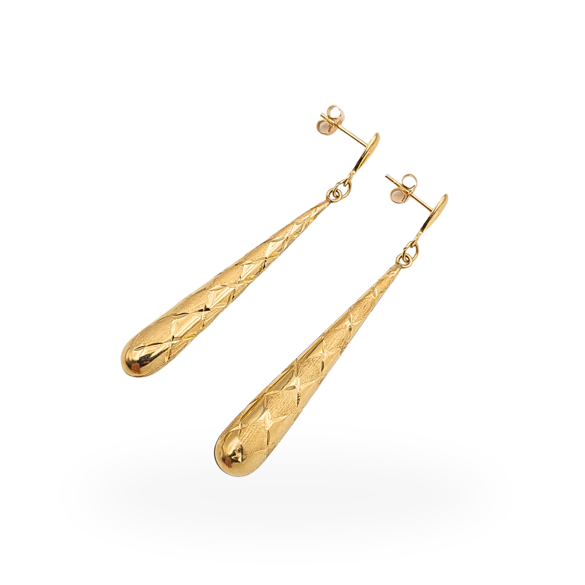 9ct Gold Long Drop Earrings,  Diamond Cut Textured Dangle Earrings