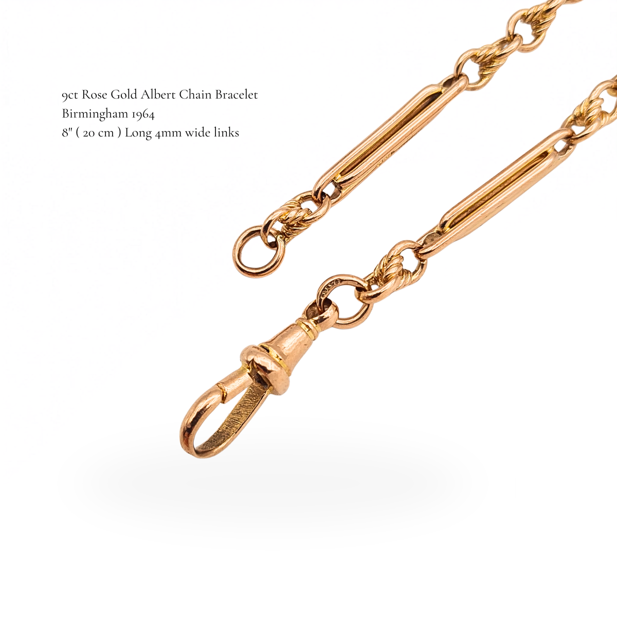8" Long Rose Gold Albert Bracelet With Trombone Rope Links & Dog Clip .