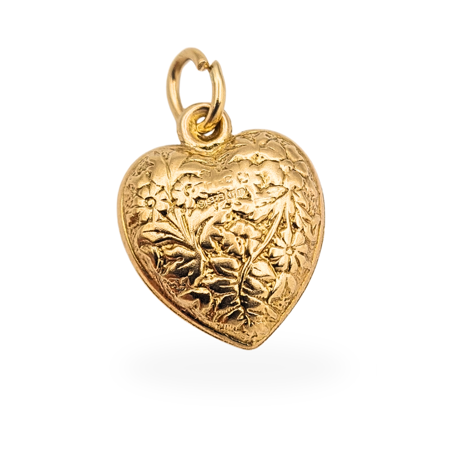 Gorgeous 9ct Gold Puffy Heart Charm Vintage Engraved Floral 1969