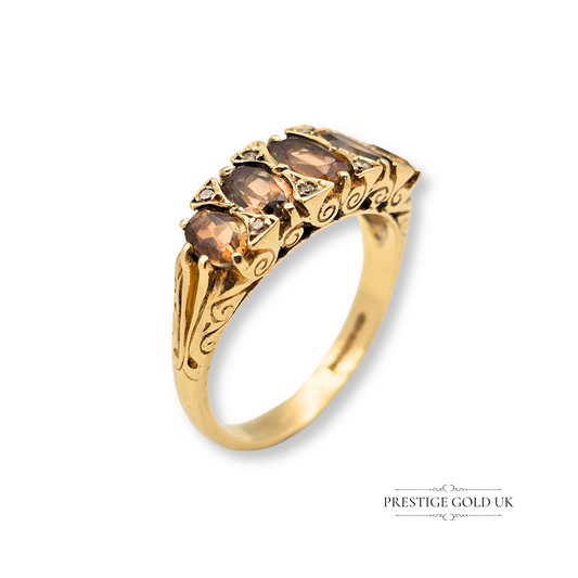Vintage 9ct gold scroll ring with five oval-cut smokey quartz stones and small diamond accents, fully hallmarked Birmingham 1993, UK R US 8 3/4.