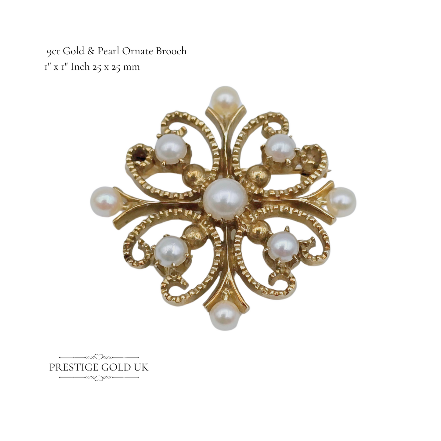 Vintage 9ct Gold Ornate Pearl Brooch