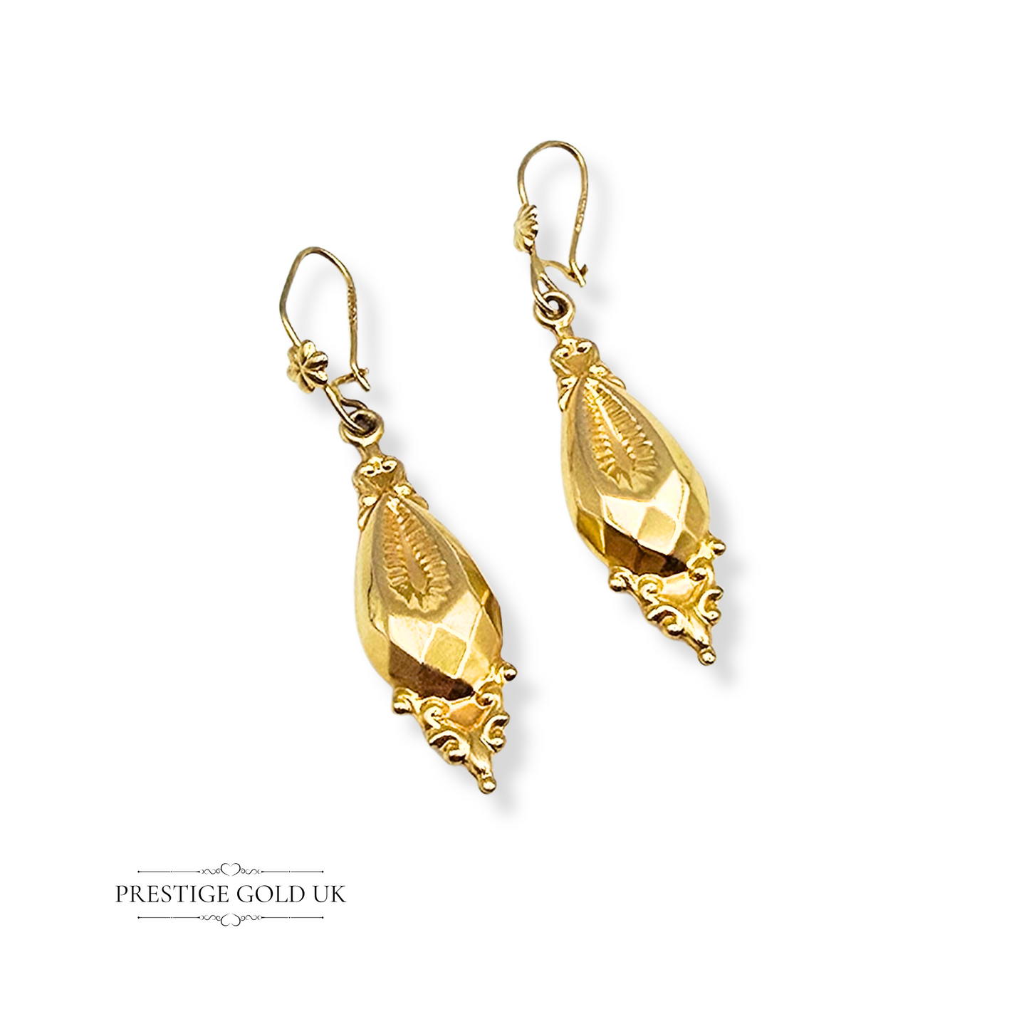 9ct Gold Dangle Drop Earrings, Victorian Revival Style Vintage Earrings