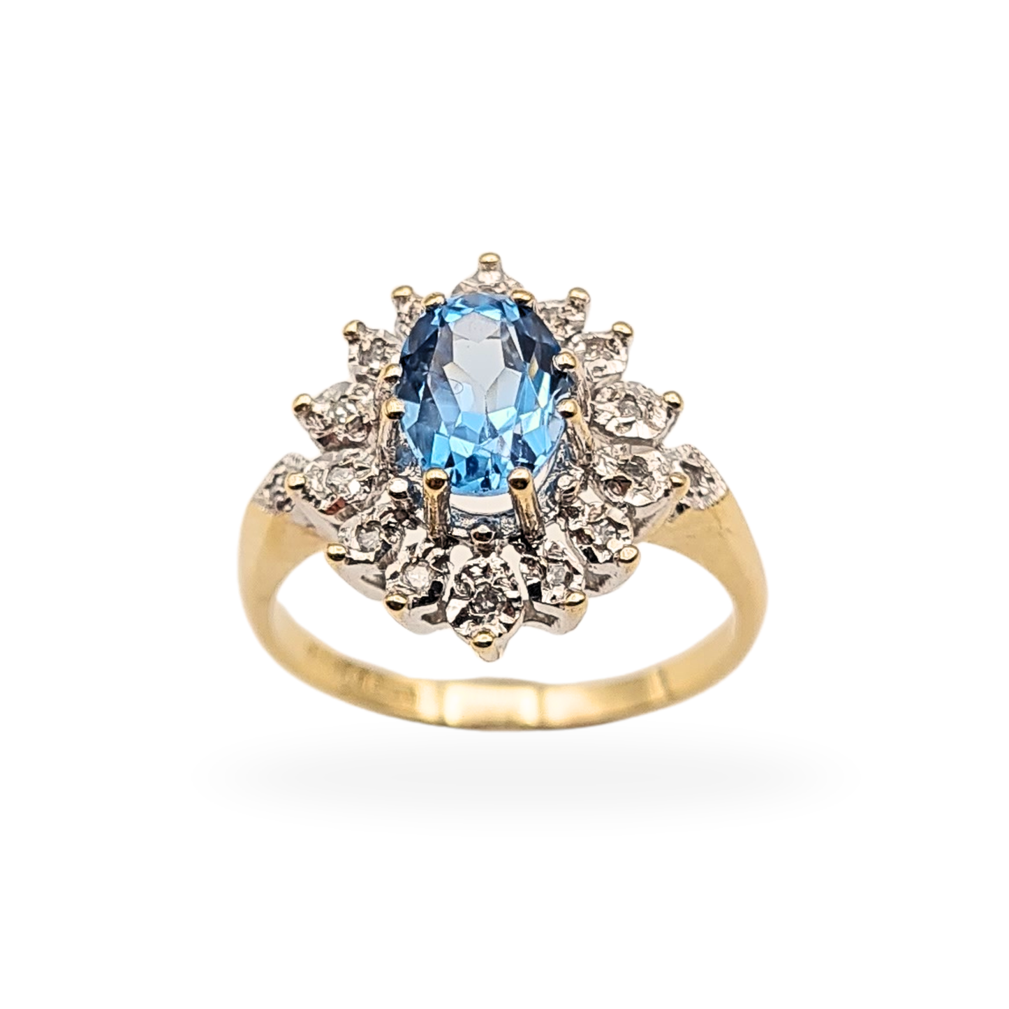 9ct Gold Oval Blue Topaz & Diamond Cocktail Ring - Size UK N, US 6 3/4,