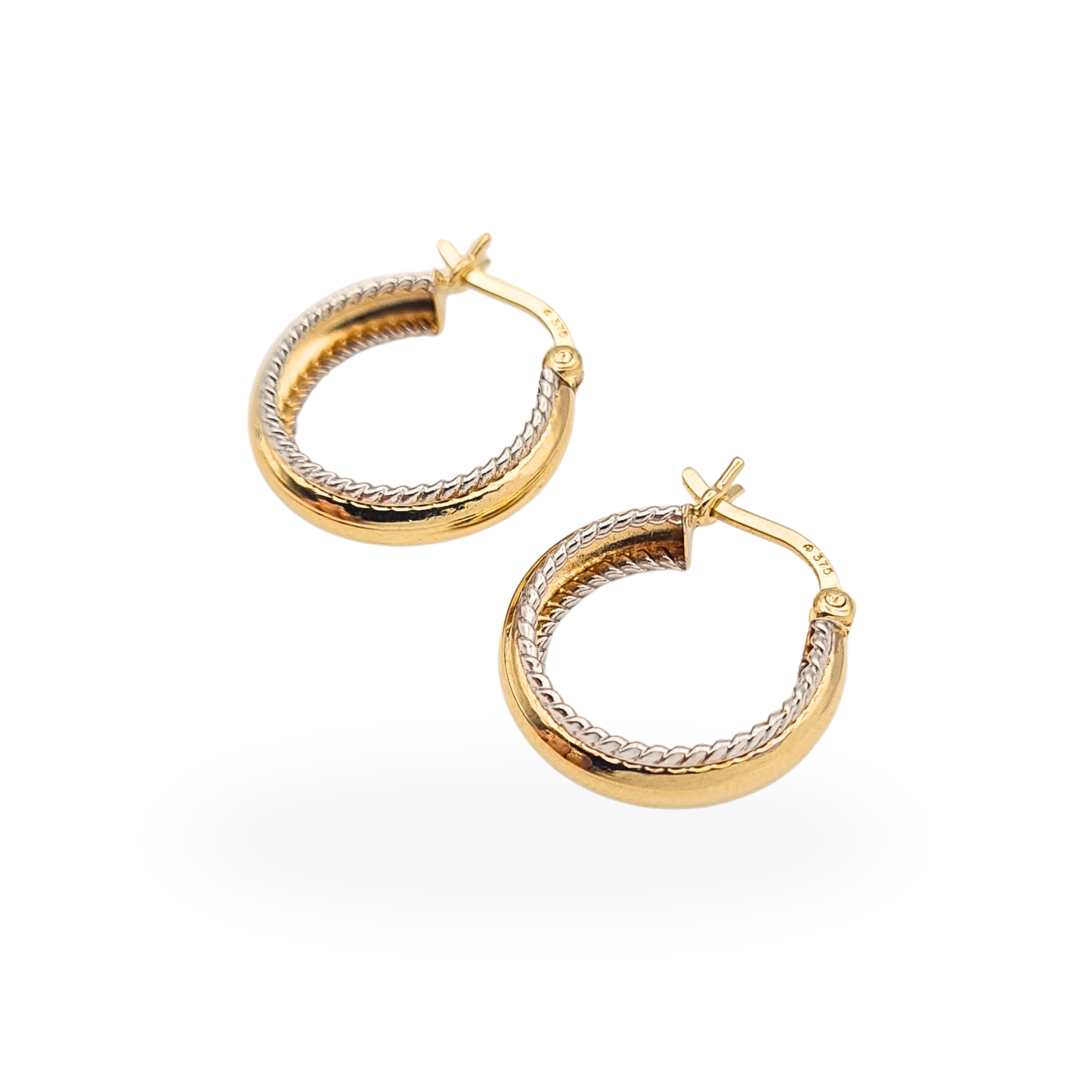 Small 9ct gold hoop earrings with white gold scroll detail and secure slip-top fasteners