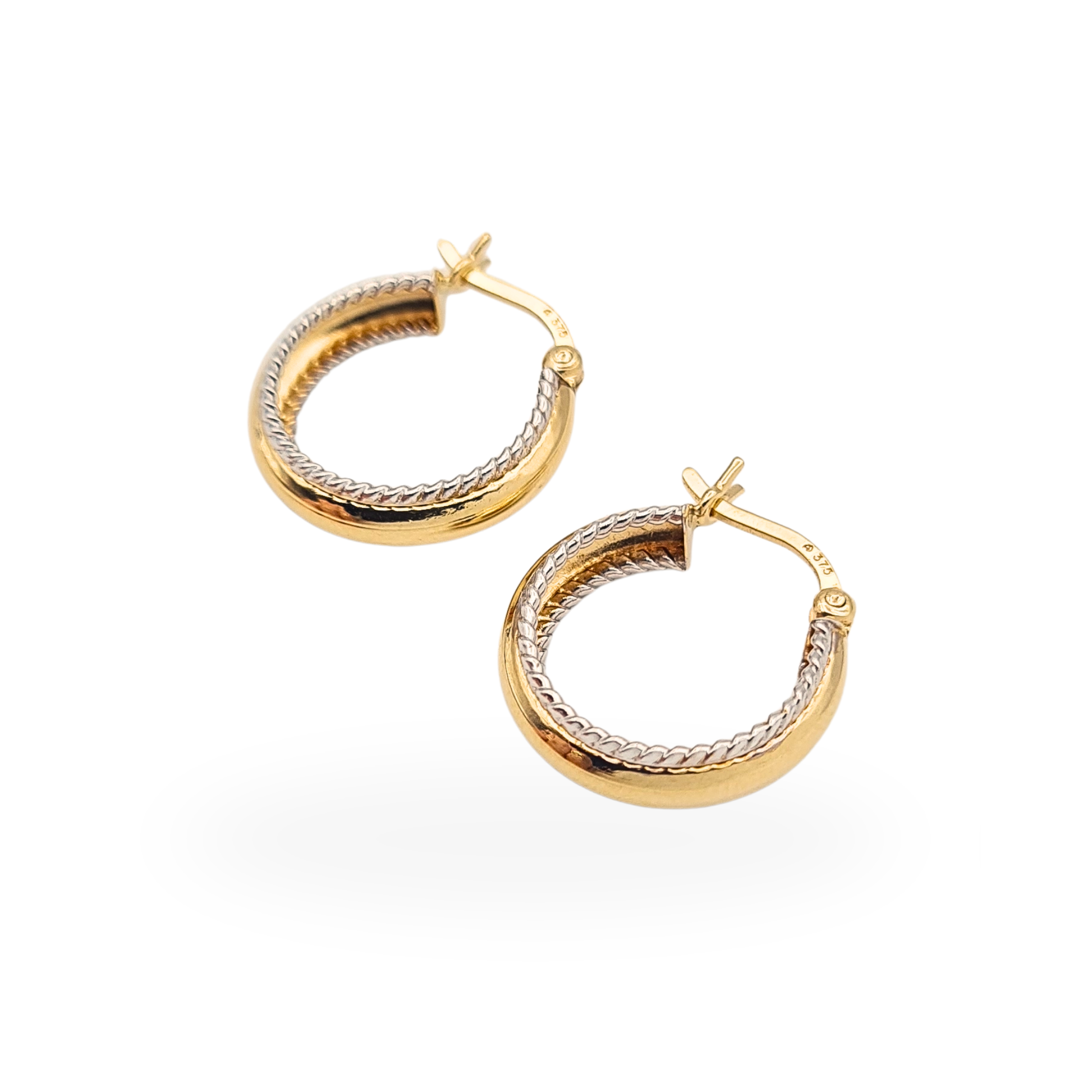 Small 9ct gold hoop earrings with white gold scroll detail and secure slip-top fasteners