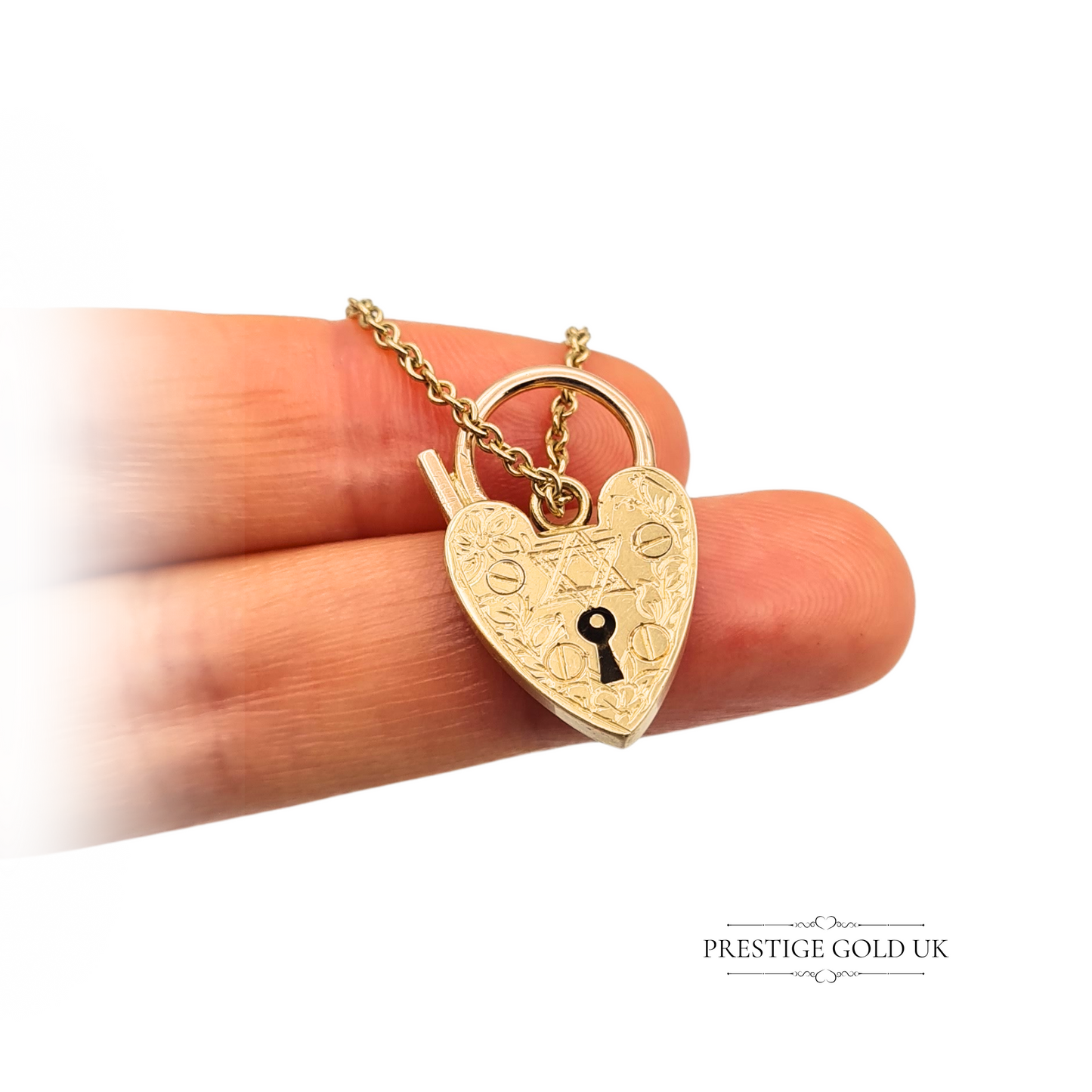9ct Yellow Gold Heart Padlock Hand Engraved Star of David Safety Chain 1967