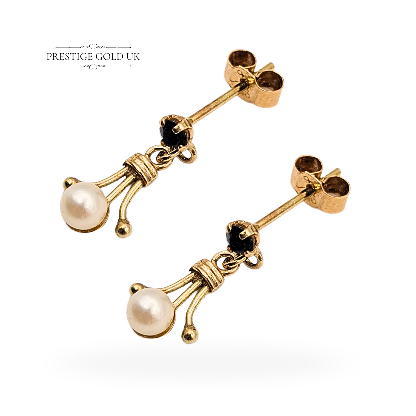 9ct Gold Pearl & Sapphire Earrings, 15mm Drop, Victorian Style