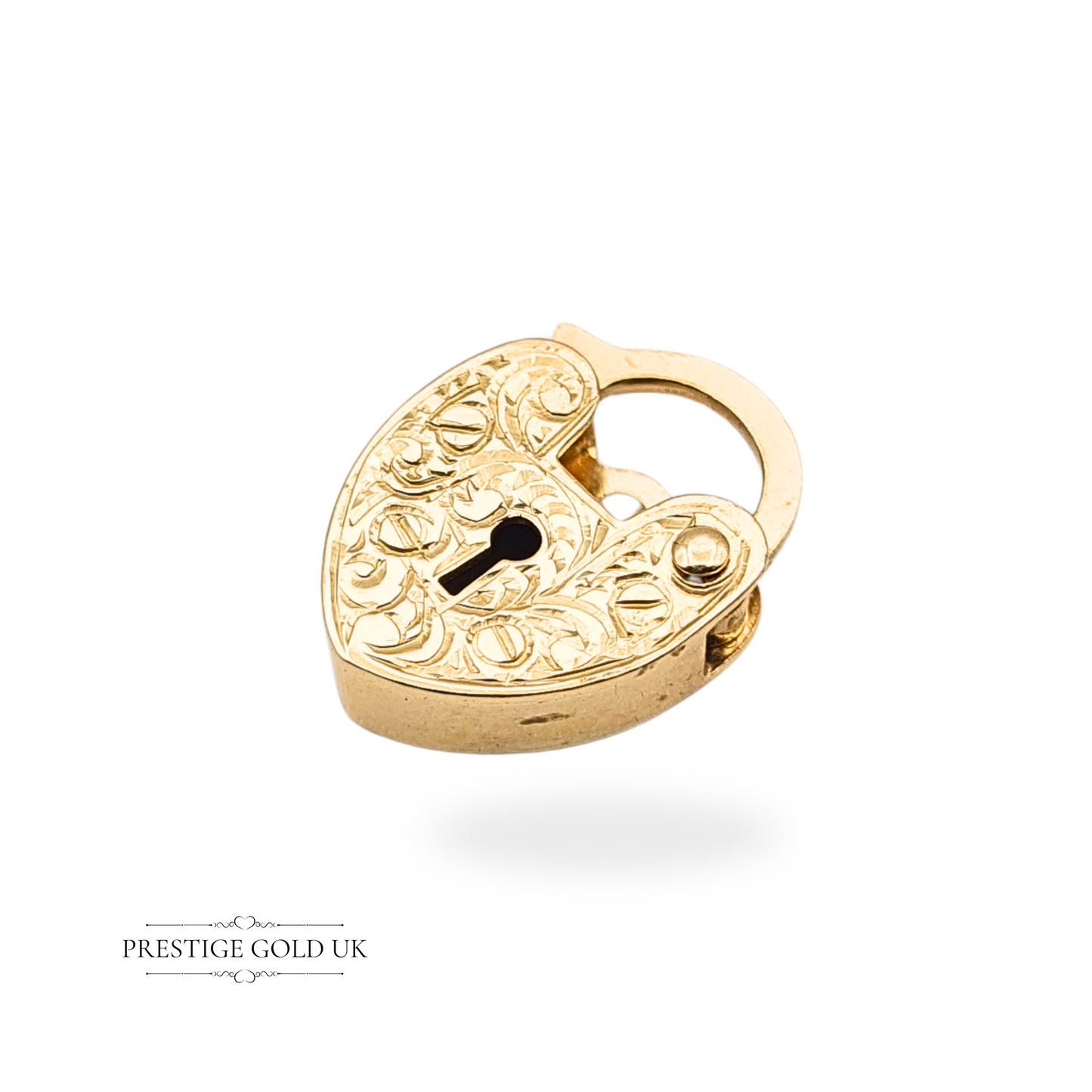 Tiny 9ct Gold Opening Heart Padlock Charm, Hand Engraved Floral Design 1985
