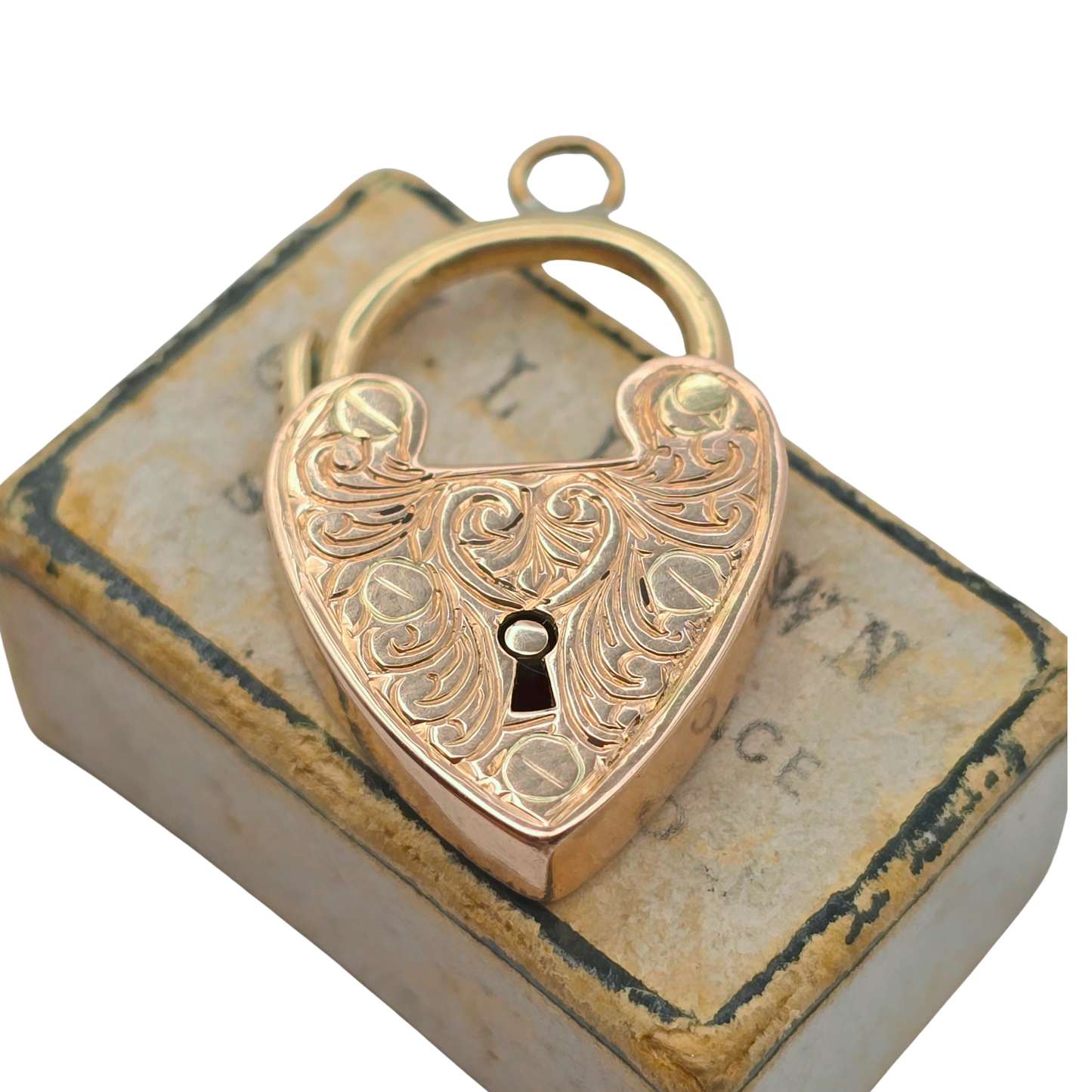 Antique Rose Gold Heart Padlock Clasp, Hand Engraved Chester Hallmark