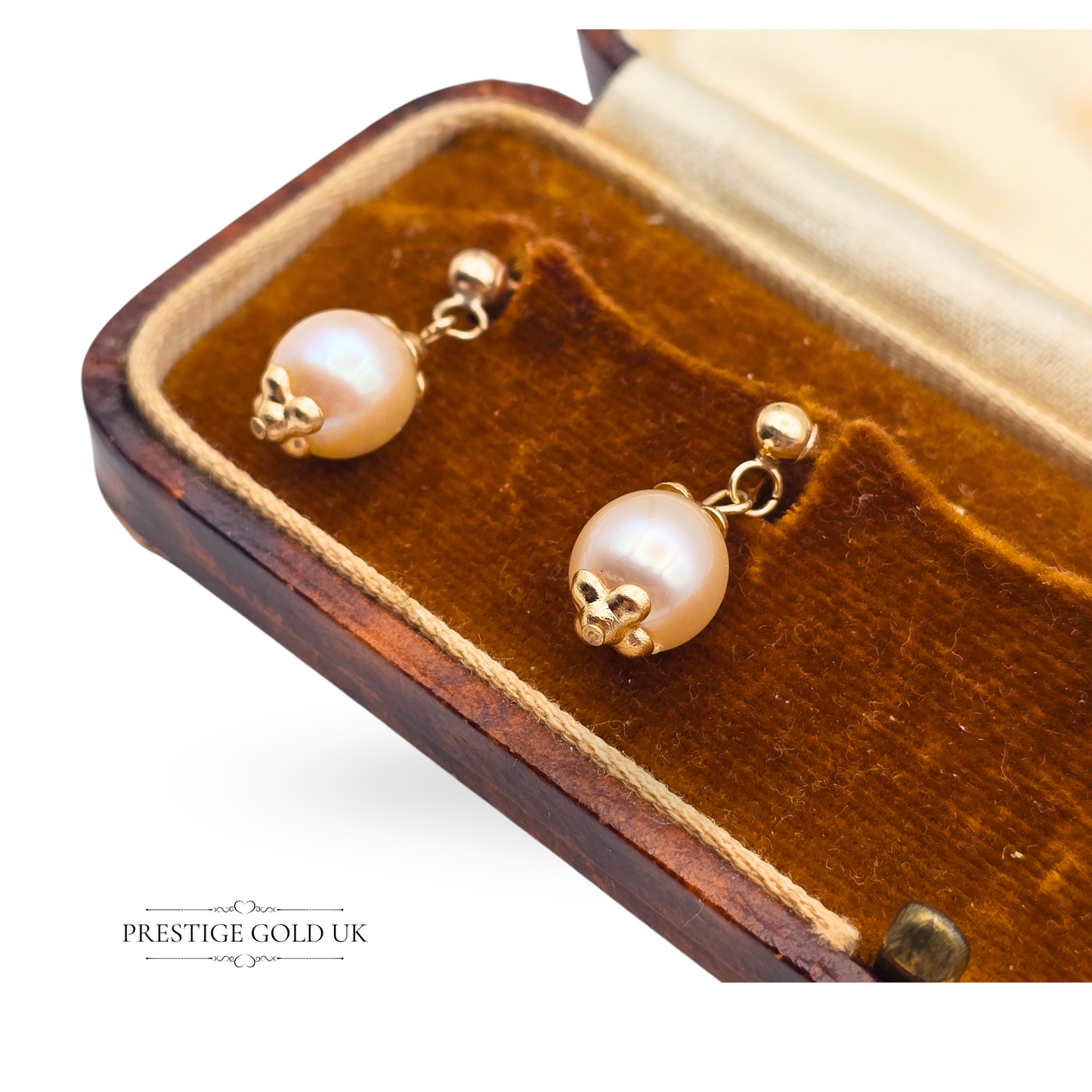 9ct Gold Drop Pearl Earrings, Dangle Studs Featuring Cream Round Pearls