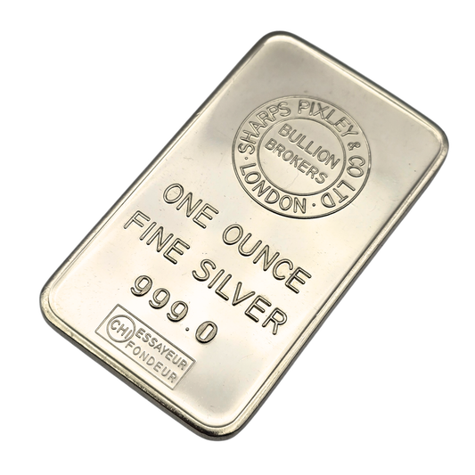999 Fine Silver Sharps Pixley London 1oz Bullion Bar, Vintage Investment Bar