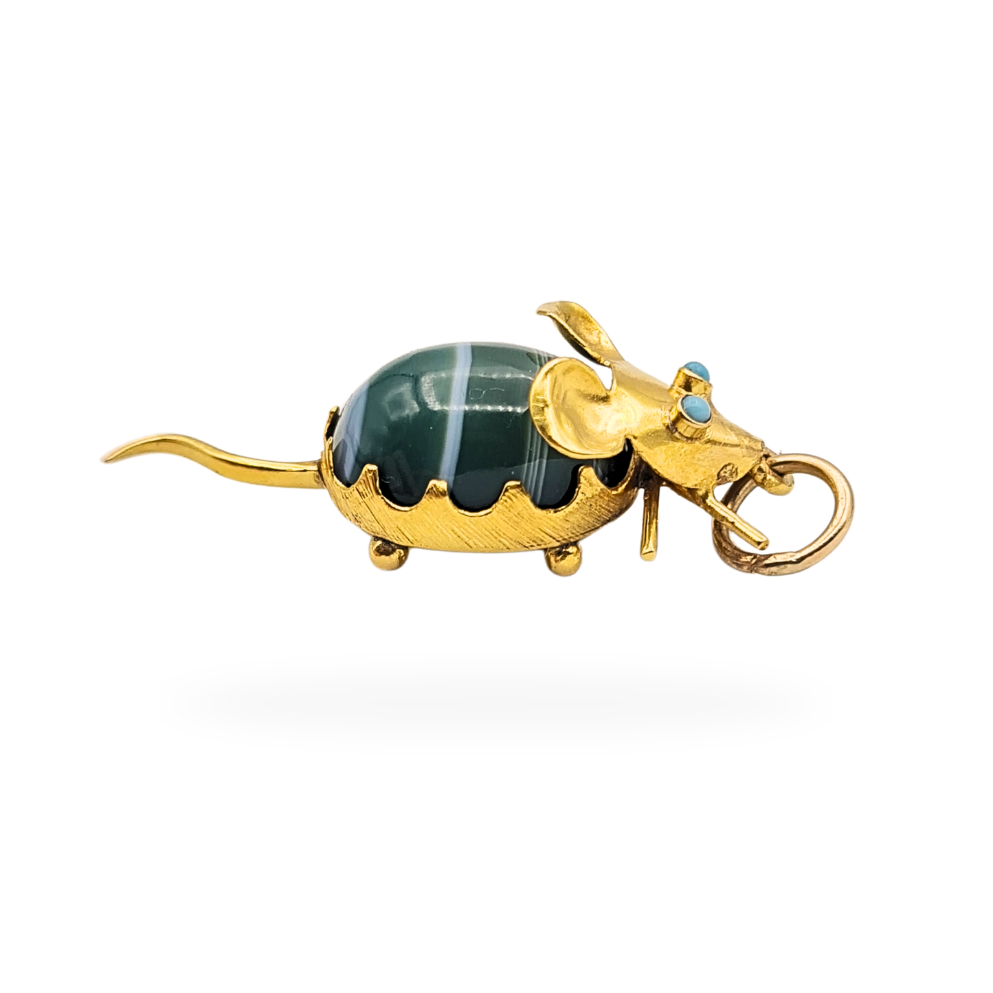 18ct Gold Mouse Charm Turquoise Eyes Green Cabochon Body