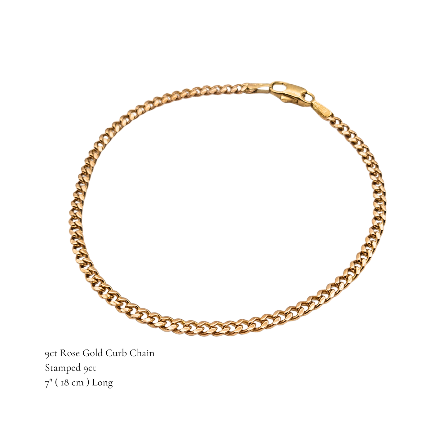 7" Quality  9ct Rose Gold Curb Bracelet, 18cm, Solid Chain