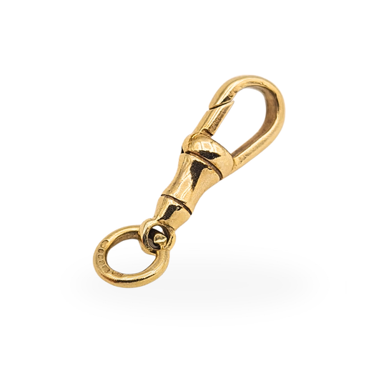 Hallmarked vintage 9ct yellow gold Albert chain dog clip with fixed fitting and strong spring mechanism, measuring 26mm overall.