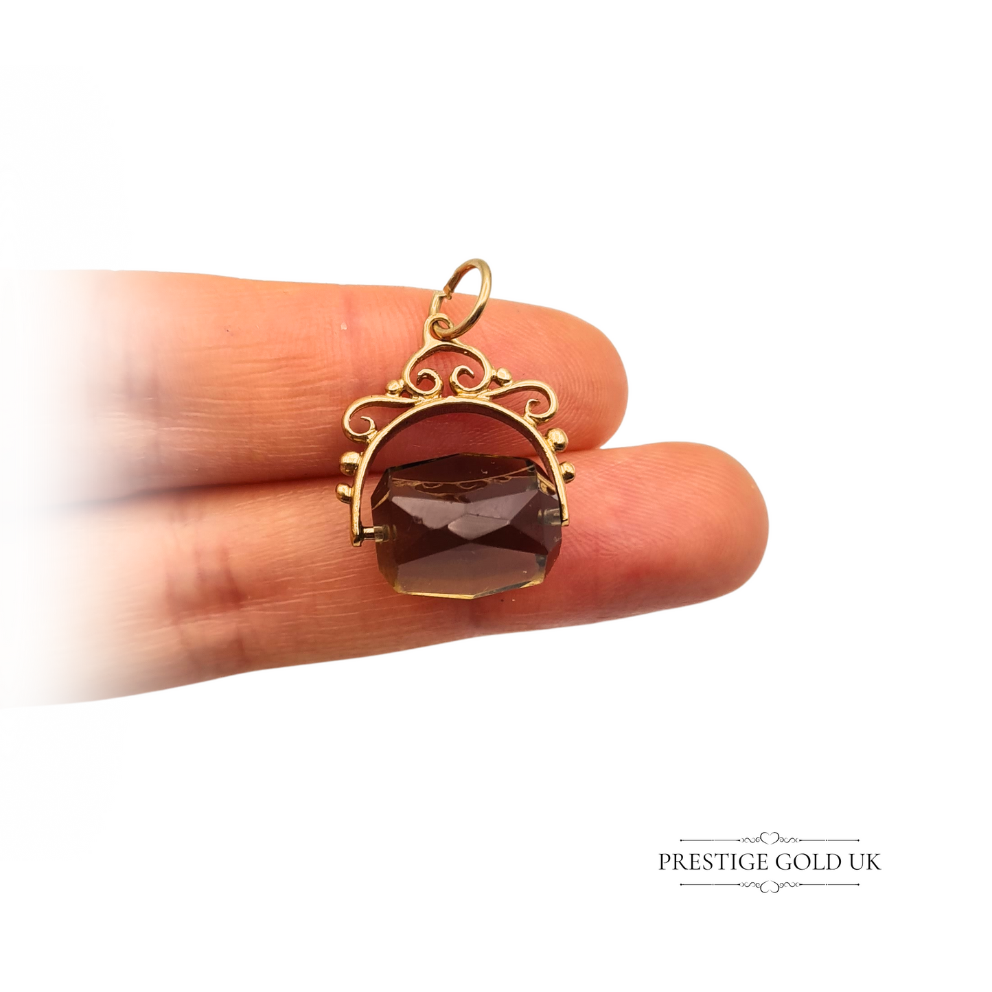 Small 9ct Gold & Smoky Swivel Fob, Spinning Charm With Decorative Scroll Work