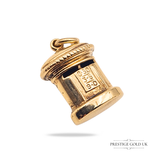 9ct gold British red post box charm pendant, vintage hallmarked Birmingham 1987, 16mm tall, 12mm wide, solid gold mail box charm