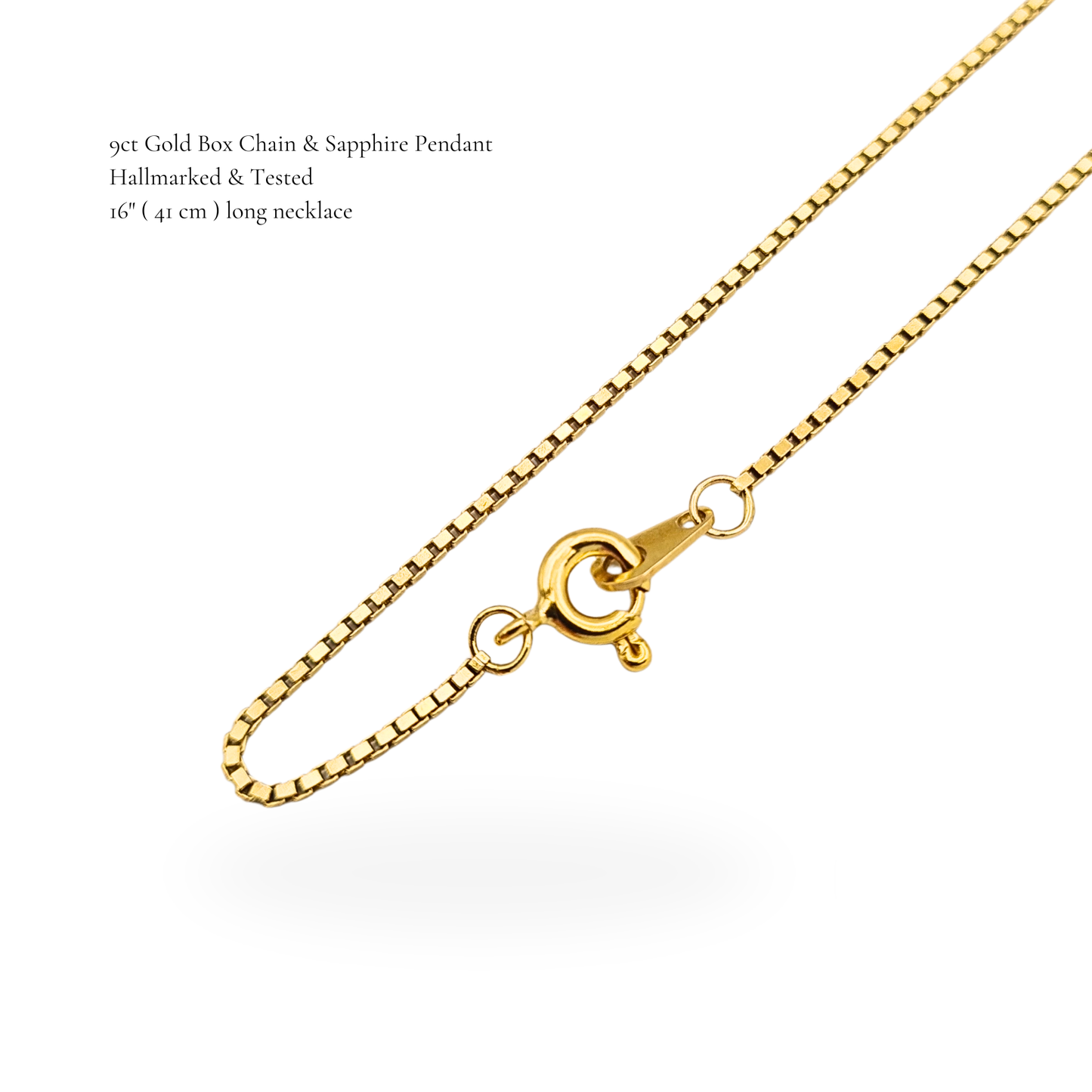 16" 9ct Gold Box Chain Necklace Blue Sapphire Pendant Hallmarked
