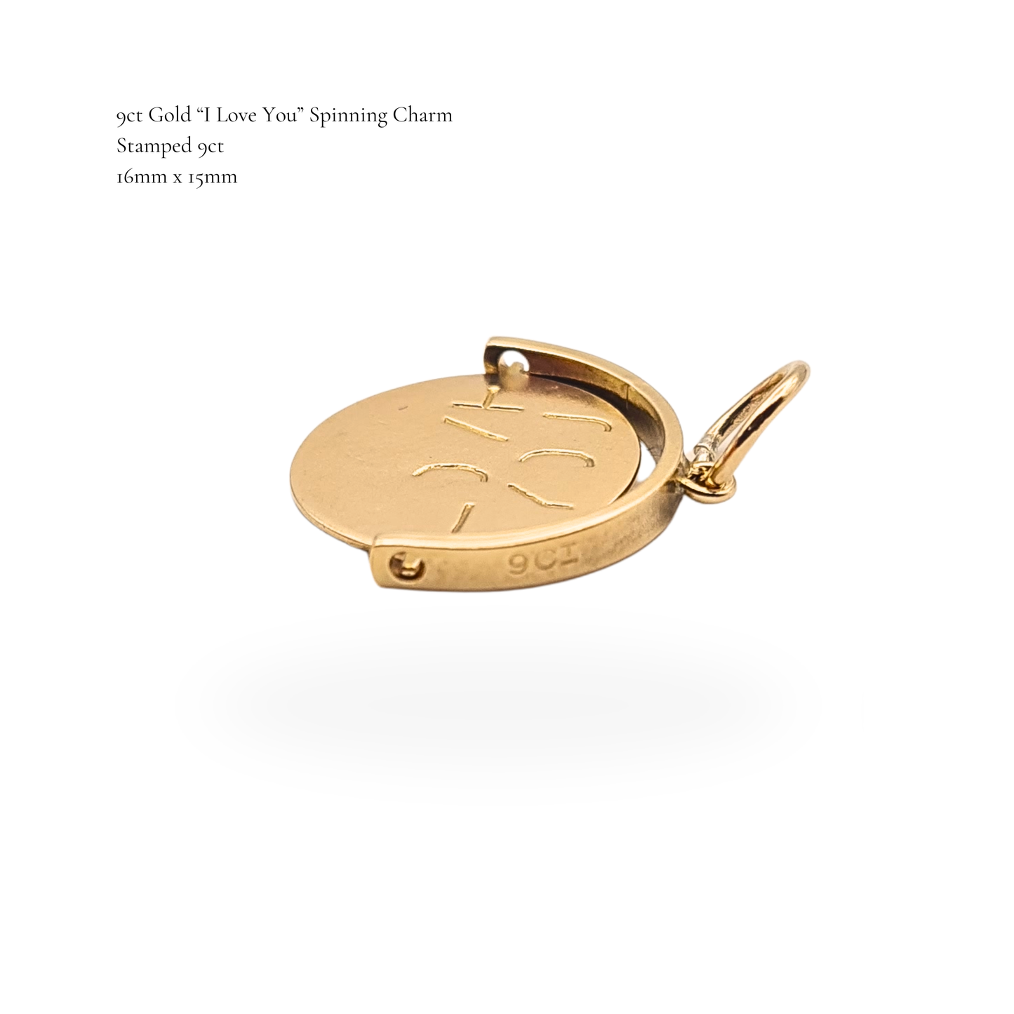 Small 9ct Gold I Love You Spinner Charm Round Moving Pendant