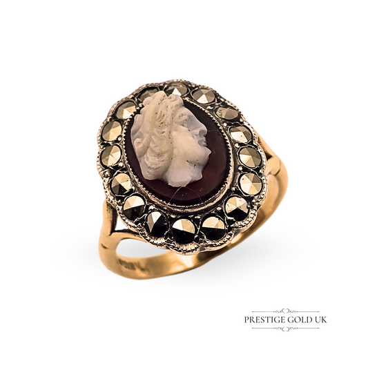 9ct Gold & Silver Cameo Ring - Gold Marquasite Cameo Ring UK L -  US 5 3/4